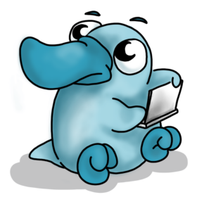 A cute drawing of a blue platypus holding a laptop